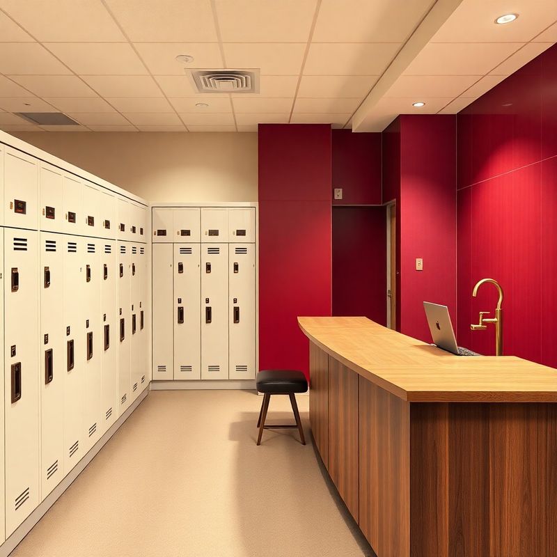 Overhead view of the Alpine Ashford locker area and front desk with cream-and-burgundy decor